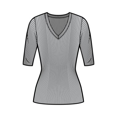 Tırtıklı V yaka örgü süveter, dirsek kollu, kısa biçimli, tunik uzunluklu teknik moda çizimi.. 