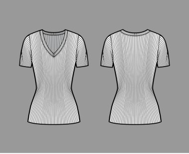 Tırtıklı V yaka örgü süveter kısa kaburga kollu, kısa biçimli, tunik uzunluklu teknik moda çizimi