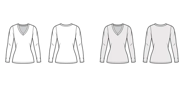 Jersey de cuello en V profundo suéter ilustración técnica de moda con mangas largas, forma ajustada, longitud de la túnica. — Vector de stock
