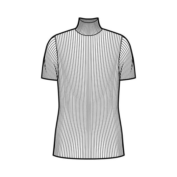 Žebrovaný svetr s rolákem technické módní ilustrace s krátkými žebry rukávy, nadrozměrné tělo, délka tuniky. — Stockový vektor