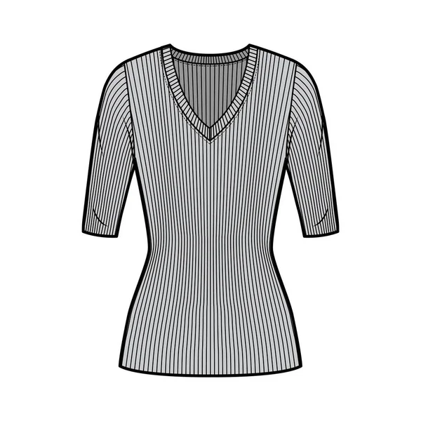 Jersey de punto acanalado con cuello en V ilustración técnica de moda con mangas de codo, forma ajustada, longitud de túnica. — Archivo Imágenes Vectoriales