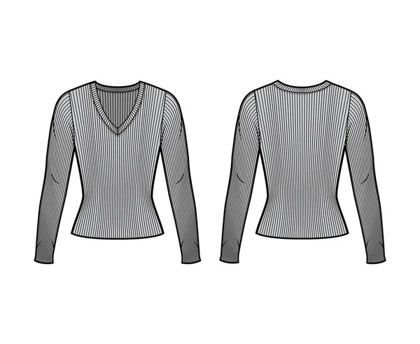 Ribbet V-hals strik sweater teknisk mode illustration med lange ærmer, tætsiddende form. – Stock-vektor