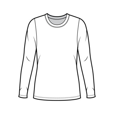 Tayfa yaka kazağı uzun kollu, geniş vücutlu, tunik uzunluklu teknik moda illüstrasyonu.. 