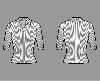 Tırtıklı balıkçı yaka kazak örgü örer. Teknikli, dirsek kollu, kısa biçimli.. 