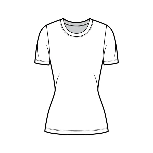 Camiseta de jersey de cuello redondo ilustración técnica de moda con mangas cortas, forma ajustada, longitud de túnica — Vector de stock