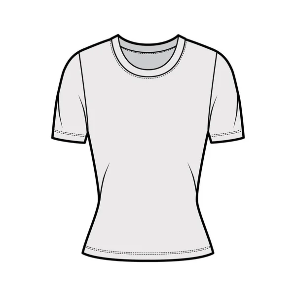 Camiseta de punto cuello redondo ilustración técnica de moda con mangas cortas, forma ajustada. — Vector de stock