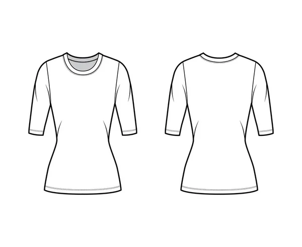 Rundhalsausschnitt Jersey Pullover technische Mode Illustration mit Ellenbogenärmeln, eng anliegende Form, Tunika Länge. — Stockvektor