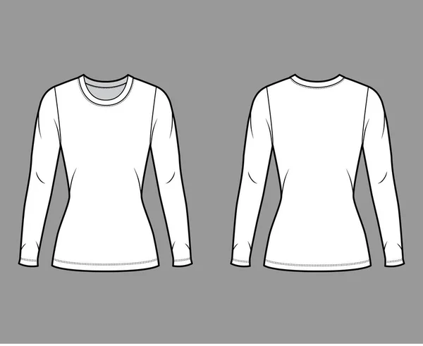 Rundhalsausschnitt Jersey Pullover technische Mode Illustration mit langen Ärmeln, eng anliegende Form, Tunika Länge. — Stockvektor
