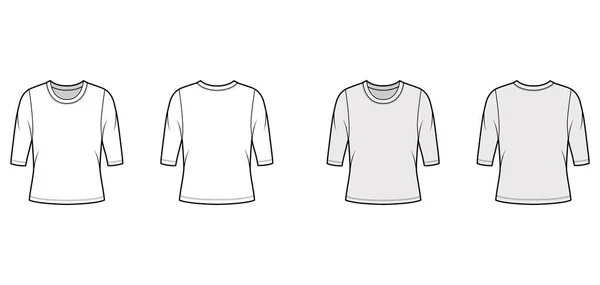 Jersey cuello redondo jersey técnica moda ilustración con mangas de codo, cuerpo de gran tamaño. — Vector de stock