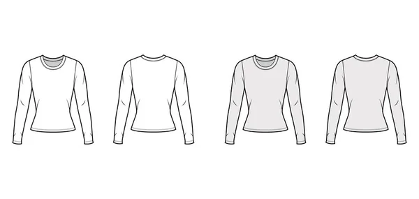 Crew neck tröja teknisk mode illustration med långa ärmar, nära passform. — Stock vektor