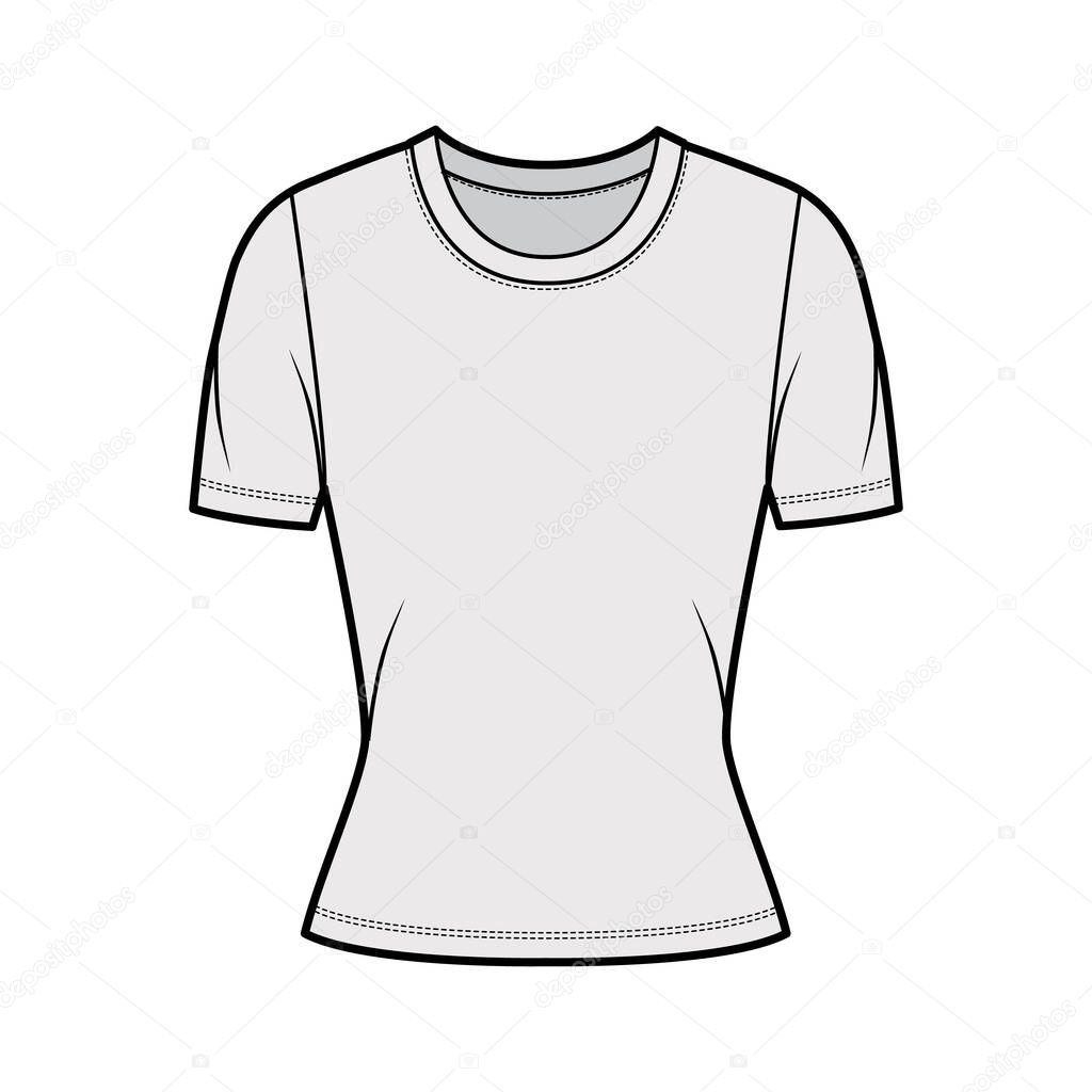 Crew neck jersey t-shirt technical fashion illustration with short sleeves, close-fitting shape. 