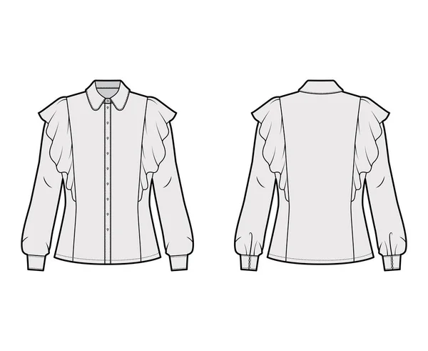 Skjorta teknisk mode illustration med monterad kropp, rund krage med stativ, volang och långa ärmar med manschett. — Stock vektor