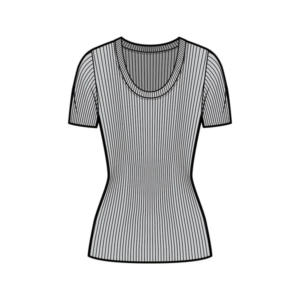 Jersey de punto de cuello redondo acanalado ilustración técnica de moda con mangas de costilla cortas, forma ajustada, longitud de túnica — Archivo Imágenes Vectoriales