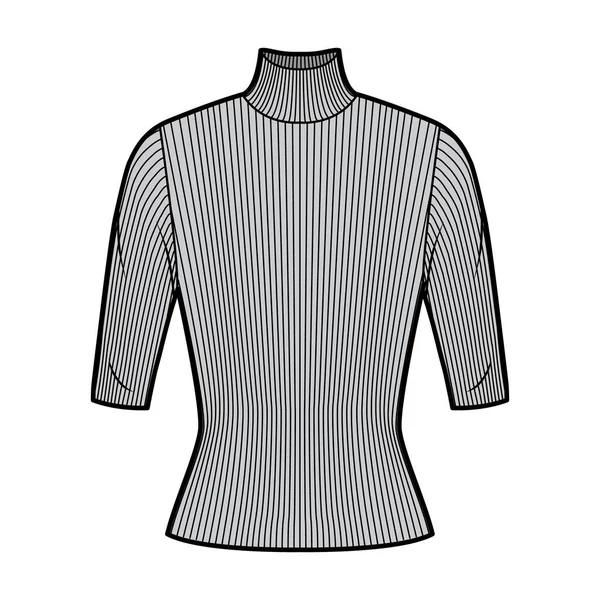 Turtleneck ribbad stickad tröja teknisk mode illustration med armbåge ärmar, tätt sittande form. — Stock vektor