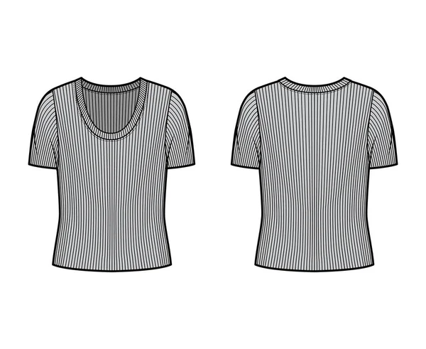 Jersey de punto de cuello redondo acanalado ilustración técnica de moda con mangas costillas cortas, cuerpo de gran tamaño. — Vector de stock