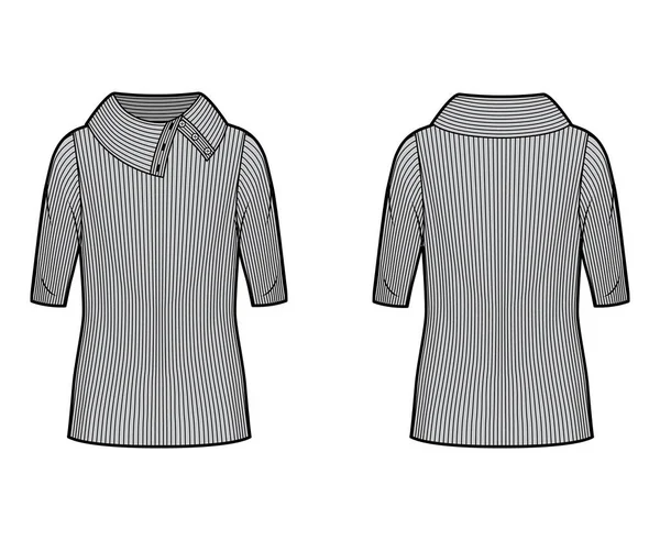 Suéter de punto acanalado cuello alto con botones anchos ilustración técnica de moda con mangas de codo, forma ajustada — Vector de stock