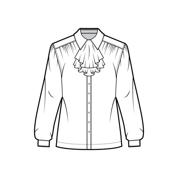 Camisa Jabot ilustración técnica de moda con mangas largas con puño, volante a lo largo del cuello clásico, sobredimensionado — Vector de stock