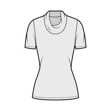 Kapüşonlu balıkçı yaka kazak kısa kollu, kısa biçimli, tunik uzunluklu teknik moda illüstrasyonu. 