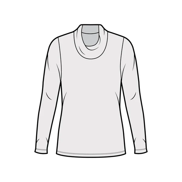 Cowl turtleneck jersey sweater technical fashion illustration with long sleeves, oversized body, tunic length. — Stock Vector