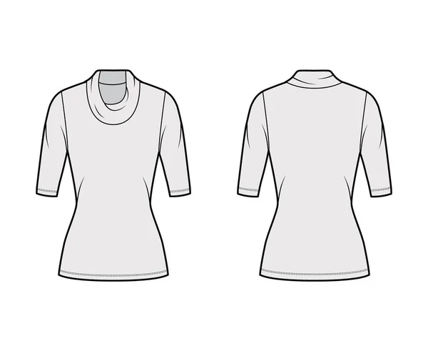 Cowl turtleneck jersey trui technische mode illustratie met elleboogmouwen, nauwsluitende vorm, tuniek lengte — Stockvector