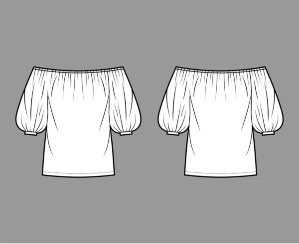 Ilustración técnica de moda de blusa fuera del hombro con mangas onduladas de codo, escote elástico, sobredimensionado — Vector de stock