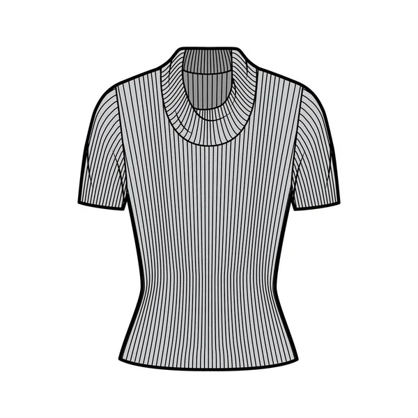 Collo alto cappuccio a costine maglia maglione tecnico illustrazione di moda con maniche corte costola, forma aderente. — Vettoriale Stock