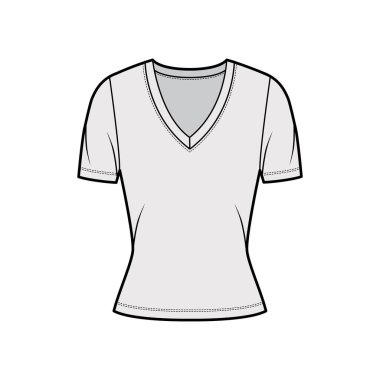 Koyu V yakalı tişört, kısa kollu, kısa biçimli teknik moda illüstrasyonları.. 