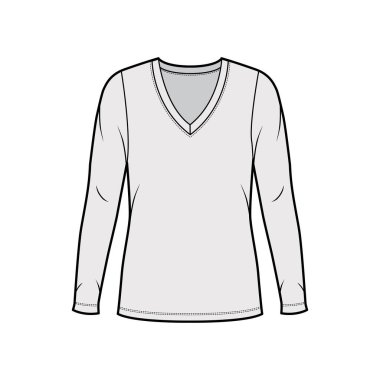 Derin V yakalı kazak uzun kollu, büyük bedenli, tunik uzunluklu teknik moda illüstrasyonu.. 