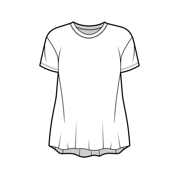 Boyfriend slub baumwolle-jersey T-shirt technische modeillustration mit Rundhalsausschnitt, kurze ärmel, entspannte silhouette. — Stockvektor