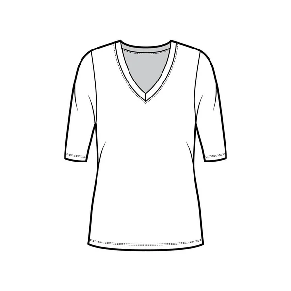 Camisola de pescoço profundo em V técnica de moda ilustração com mangas de cotovelo, corpo de grandes dimensões, comprimento de túnica . — Vetor de Stock