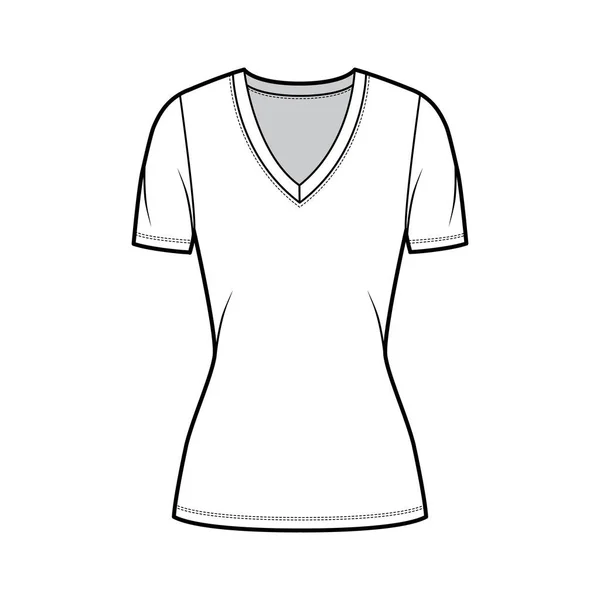 T-Shirt aus tiefem V-Ausschnitt mit technischer Modeillustration mit kurzen Ärmeln, eng anliegender Form, Tunika-Länge — Stockvektor