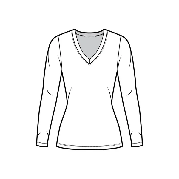 Tief V-Ausschnitt Jersey Pullover technische Mode Illustration mit langen Ärmeln, eng anliegende Form, Tunika Länge. — Stockvektor