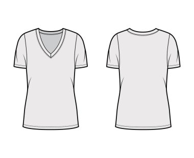 Derin V yakalı tişört, kısa kollu, büyük bedenli, tunik uzunluklu teknik moda illüstrasyonu.. 