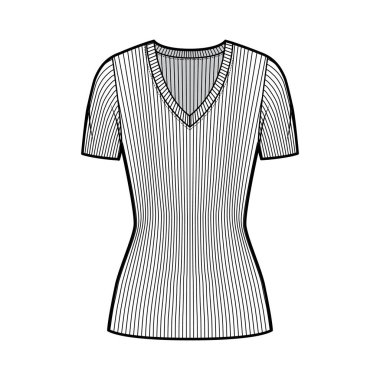 Tırtıklı V yaka örgü süveter kısa kaburga kollu, kısa biçimli, tunik uzunluklu teknik moda çizimi