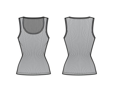 Tırtıklı pamuk-forma tankı teknik moda illüstrasyonu geniş kepçe yaka, sıkı örgü, tunik uzunluğunda gecelik