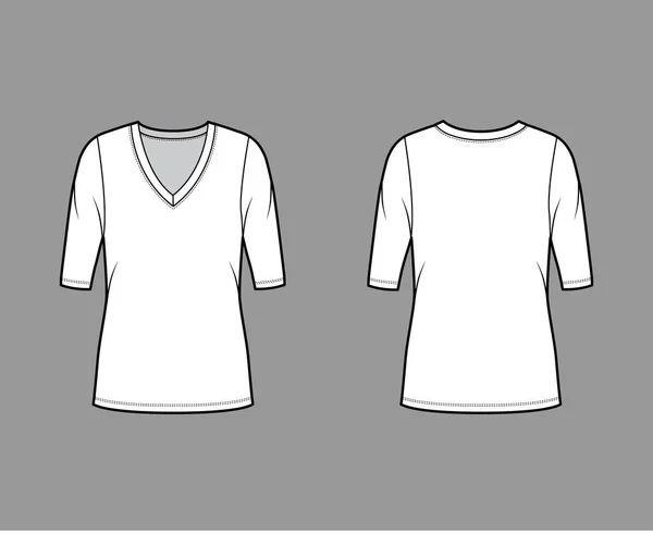 Hluboký výstřih svetr technické módní ilustrace s lokty rukávy, nadrozměrné tělo, délka tuniky. — Stockový vektor