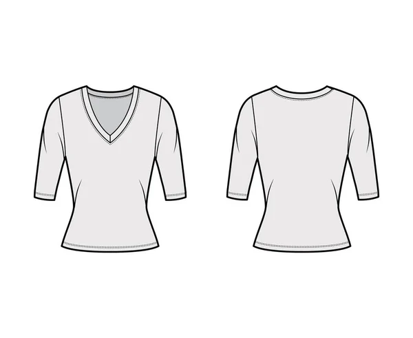 Camisola de gola em V profunda técnica de moda ilustração com mangas de cotovelo, forma de ajuste próximo . — Vetor de Stock