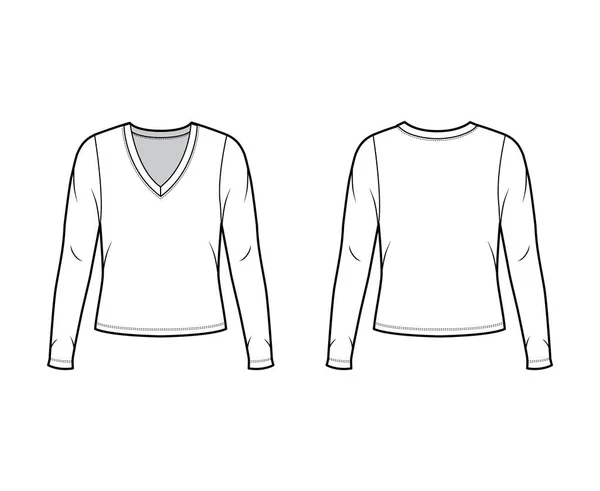 Tief V-Ausschnitt Jersey Pullover technische Mode Illustration mit langen Ärmeln, übergroßen Körper — Stockvektor