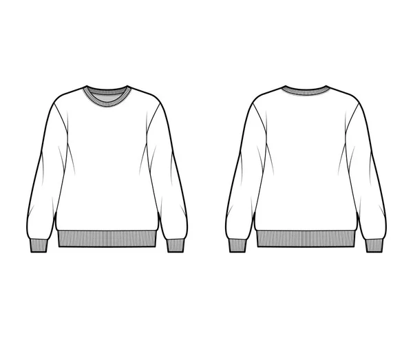 Bomull-frotté oversized tröja teknisk mode illustration med avslappnad passform, besättning halsringning, långa ärmar jumper — Stock vektor