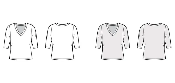 Camisola de pescoço profundo em V técnica de moda ilustração com mangas de cotovelo, corpo de grandes dimensões . —  Vetores de Stock