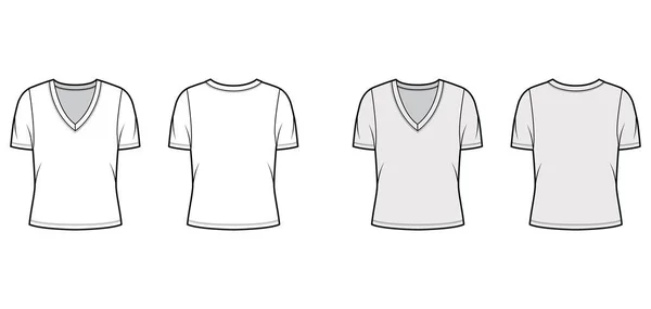 Deep V-neck jersey t-shirt technical fashion illustration with short sleeves, oversized body. — Stock Vector