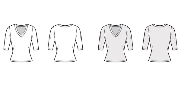 Djup V-ringad tröja teknisk mode illustration med armbåge ärmar, nära passform. — Stock vektor