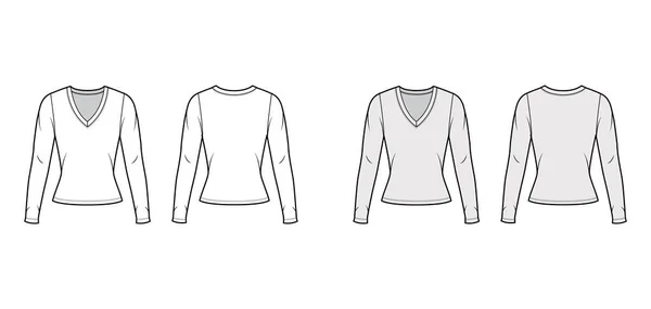 Jersey profundo con cuello en V suéter ilustración técnica de moda con mangas largas, forma ajustada. — Vector de stock