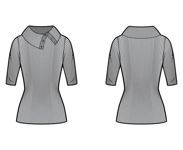 Suéter de punto acanalado cuello alto con botones anchos ilustración técnica de moda con mangas de codo, longitud de túnica. — Vector de stock