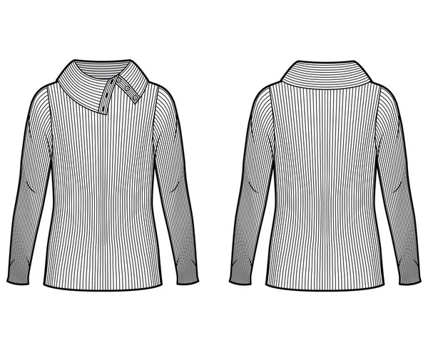 宽纽扣高领带肋针织毛衣技术时尚图例，袖子长，体形超大. — 图库矢量图片