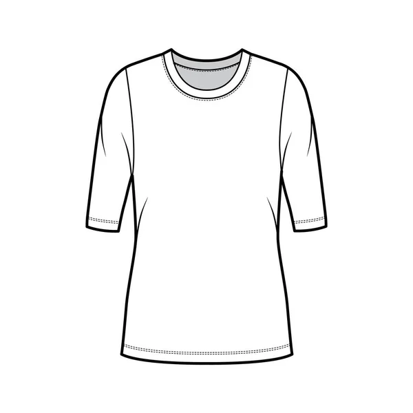 Tripulação pescoço camisola camisola técnica moda ilustração com mangas de cotovelo, corpo de grandes dimensões, comprimento túnica . —  Vetores de Stock