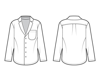 Sivri yakalı, ön düğmeli, yuvarlak cepli, uzun kollu gömlekli teknik çizimler..