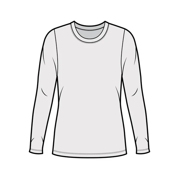 Rundhalsausschnitt Jersey Pullover technische Mode Illustration mit langen Ärmeln, übergroßen Körper, Tunika Länge. — Stockvektor