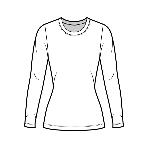 Crew neck jersey sweater technical fashion illustration with long sleeves, close-fitting shape, tunic length. — Stock Vector