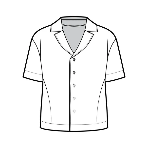 Ilustracja moda techniczna koszuli z luźną sylwetką, obroża retro obozu, zapięcia przedniego przycisku, krótkie rękawy — Wektor stockowy